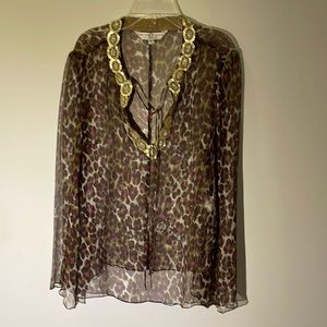 Trina Turk sheer blouse M with gold embellishments. Bell sleeves.